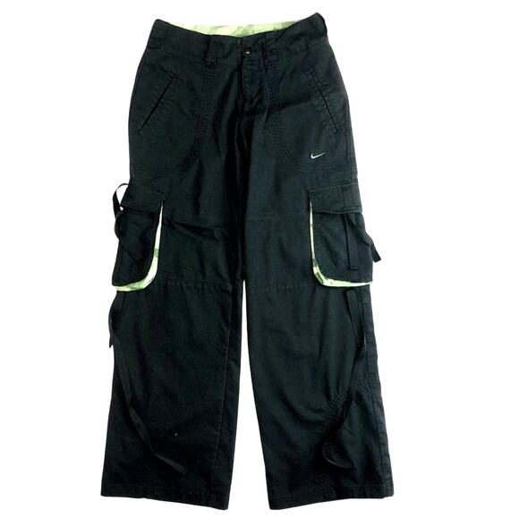 Y2k Vintage Nike Dri Fit Black Cargo Pants Green Camo Trim Roll Cuffs Pockets - Picture 1 of 16
